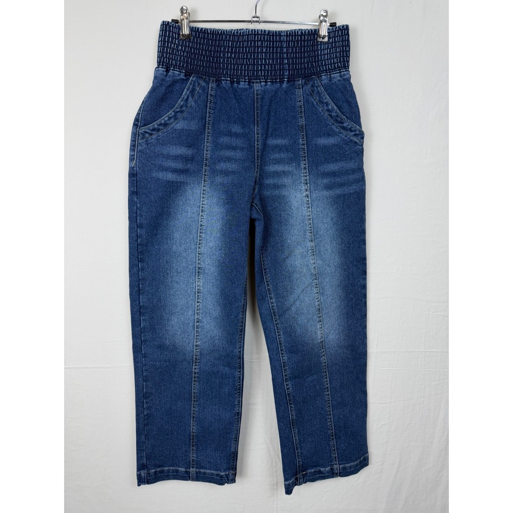 Flamingals Women NWT Denim Pants S Blue Smocked Waist Straight Leg Seam Front